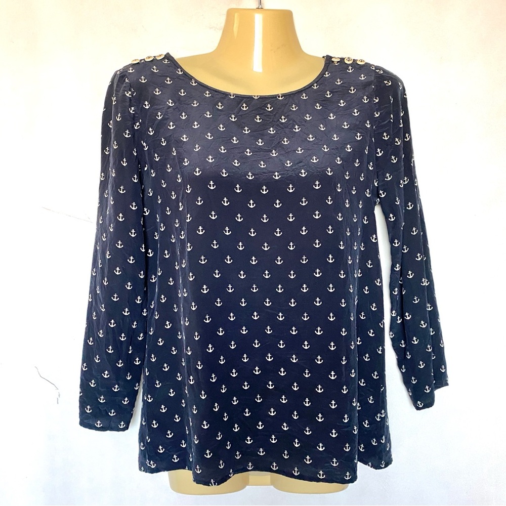 J. Crew Blue Boxy Blouse with White Anchor Pattern
